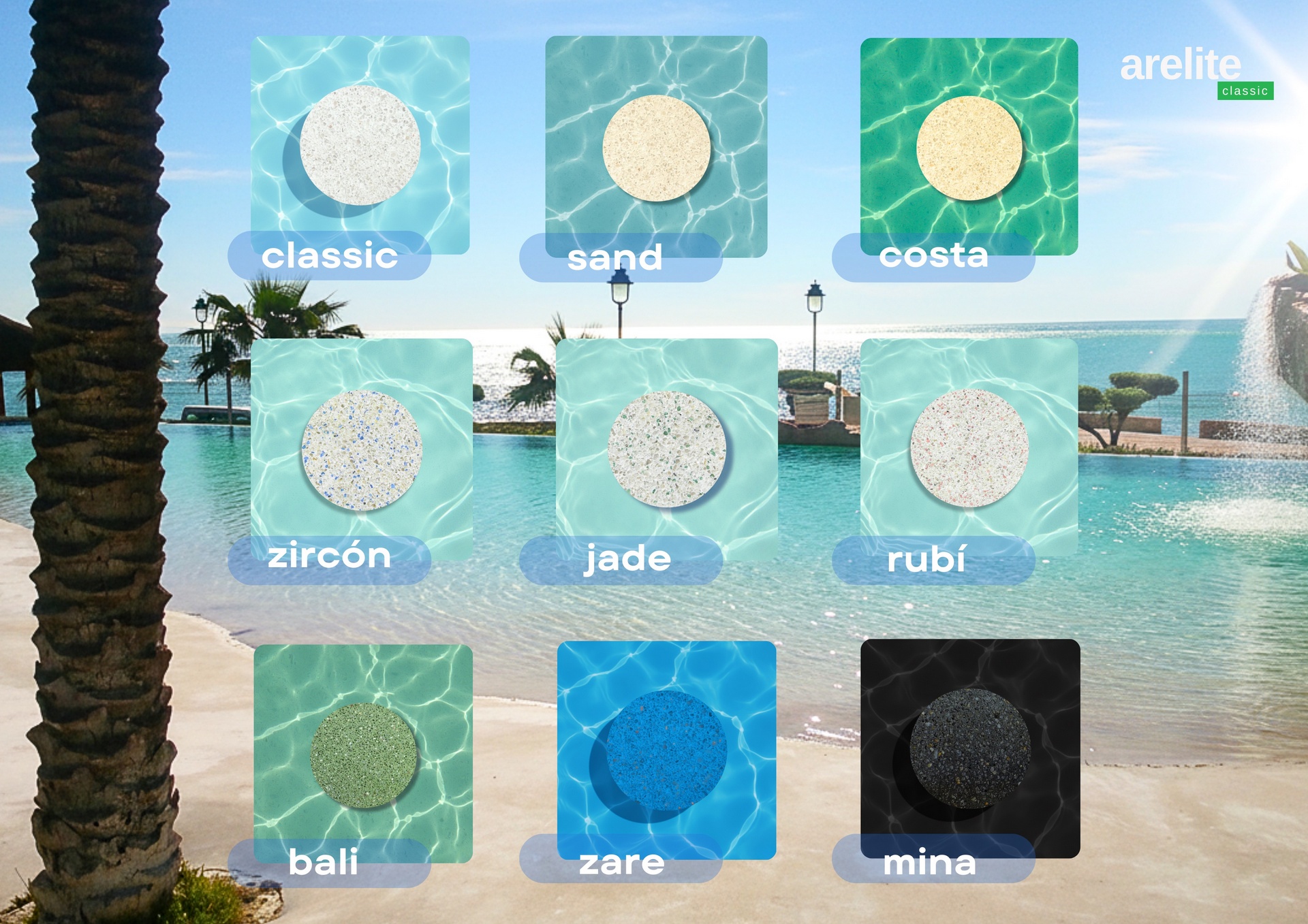 Arelite, revestimiento continuo de cuarzo antideslizante disponible en texturas Natur y Polish. Ideal para piscinas que combinan seguridad y estética natural, y la mejor opción para reconstruir piscinas de arena degradadas por resinas.